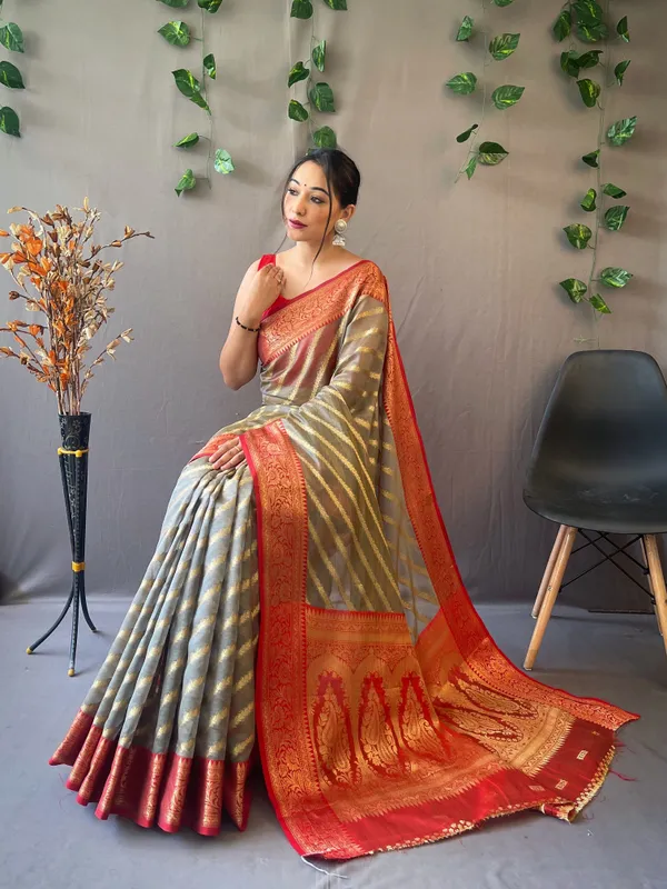 Gray_Pure_Organza_Weaved_Leheriya_Saree_With_Blouse_Piece_Attached